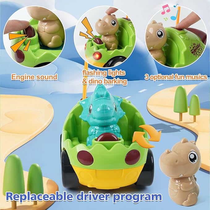 2-Pack Remote Control Dinosaur Cars for Kids – Best Birthday Gifts for Boys Ages 2 3 4 5 Year Old, Electric RC Dino Car Toys for Toddlers 18+ Months with Lights and Music