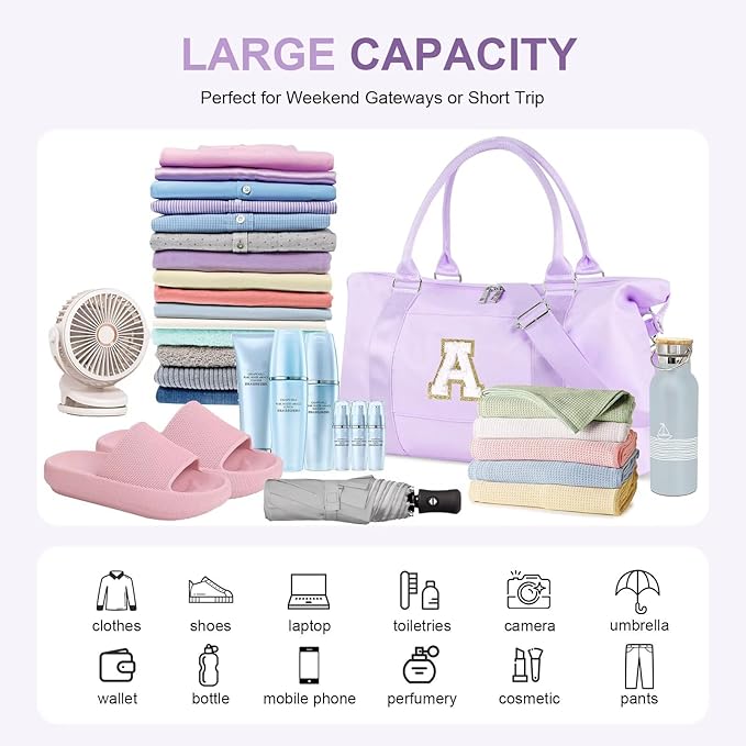 Dance Gym Duffel Bag for Teen Girls, Personalized Initial Travel Weekender Bag,Cute Overnight Carry On Duffle for Women,Sports Travel Cheer Bag,Monogram Christmas Gifts for Tween Preppy(purple-A)