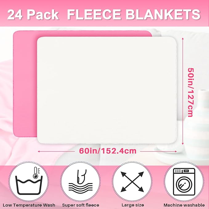 Newwiee 24 Pcs Fleece Throw Blankets Bulk Outdoor Wedding Guest Gifts Soft Lightweight Sleepover Lap Blankets Pet Home Sofa Couch Office Donation Homeless, 50 x 60 Inch (Light Pink/White)