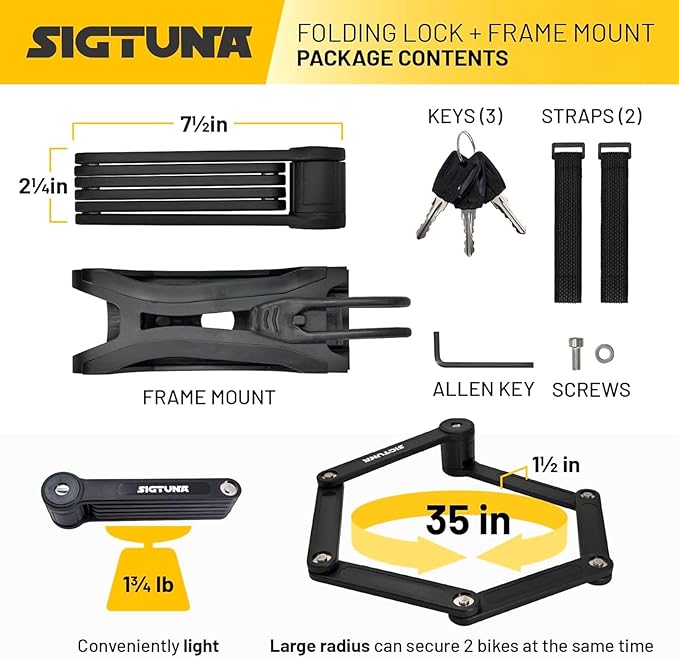 SIGTUNA Folding Bike Lock - Hardened Steel 8mm Fold-Up Heavy Duty Bike Lock with Easy Mounting, Secure Lock and Anti-Scratch Coating - Easily Keep Bike Secure and Paintwork Undamaged - Bicycle Lock