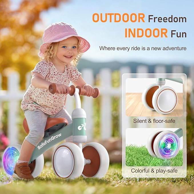 Colorful Lighting Baby Balance Bike Toys for 1 Year Old Girl Gifts, Balance Bike 1 Year Old No Pedal, 12-24 Months Toddler Ride on Toys with 4 Silent Wheels & Soft Seat, 1st Birthday Gifts, Green