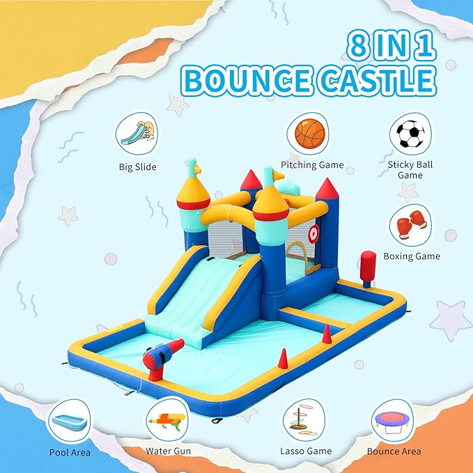 TABU Bounce House with Slide, Inflatable Castle with Splash Pool Water Cannons, Outdoor/Indoor Bouncy House with Air Blower, Ball Pit, for Kids Aged 3-12(177.2x124x88.6in)