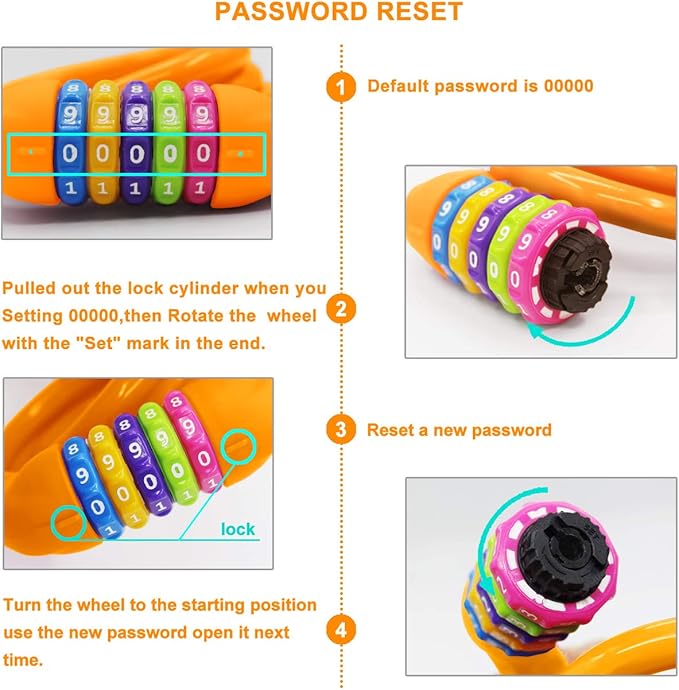Bike Lock Cable - 4 Feet Resettable Cable Lock - Self Coiling 5 Digit Combination Bicycle Lock (Orange)
