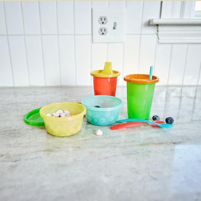 The First Years Take & Toss Toddler Straw Cups - Spill Proof Sippy Cups with Snap On Lids and Straws - Feeding Supplies and Party Supplies - 10 Oz - 20 Count