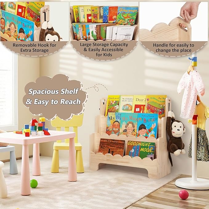 Kids Bookshelf Wooden 3-Tier, Scalloped Book Shelf for Kids Rooms, Front Facing Toddler Montessori Bookshelf, Baby Nursery Book Shelves Kid Classroom Book Shelf Bookcase