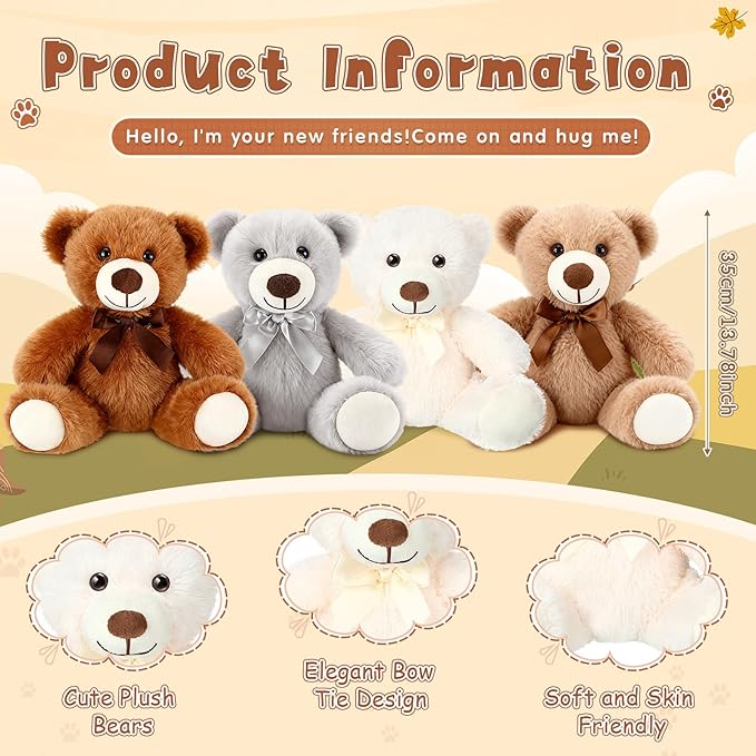 Civaner 4 Pack 14 Inches Bear Plush Stuffed Animals Operation Christmas Cute Soft Bears Gifts Bulk for Girls Boys Girlfriend(Light Brown, Dark Brown, White, Gray)