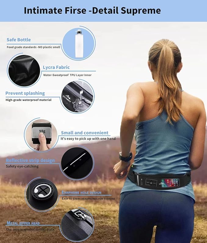 SENIKO Running Belt Hydration with Bottles,Fanny Pack Water Bottle Holder, Zipper Waist Pouch Fits Most phones,Zerobounce Design for Cycling Climbing Marathon (Combination Set)