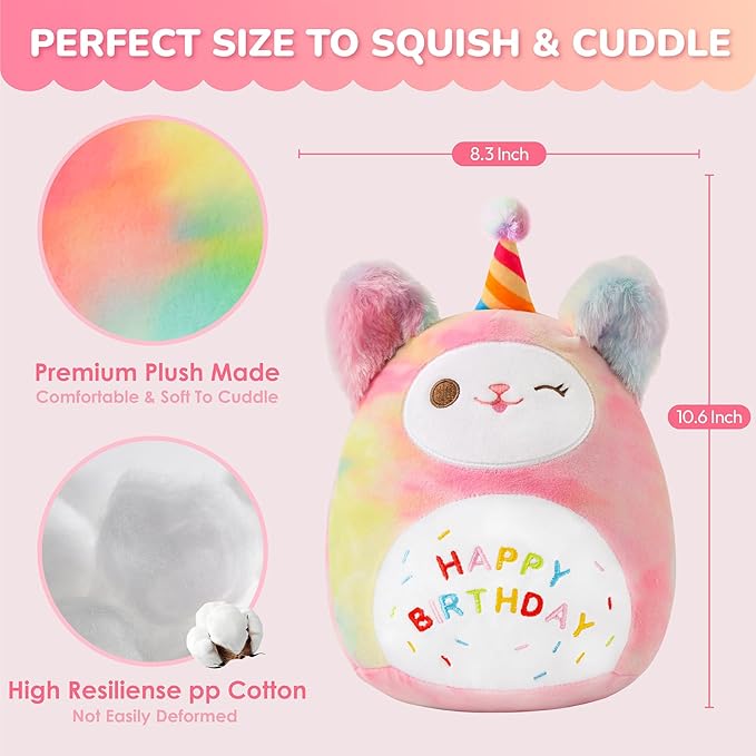 Sioloc10.6 Rainbow Birthday Cat Plush Pillow - Soft Kitten Stuffed Animal Toy, for Kids, Toddlers, Birthday Decor