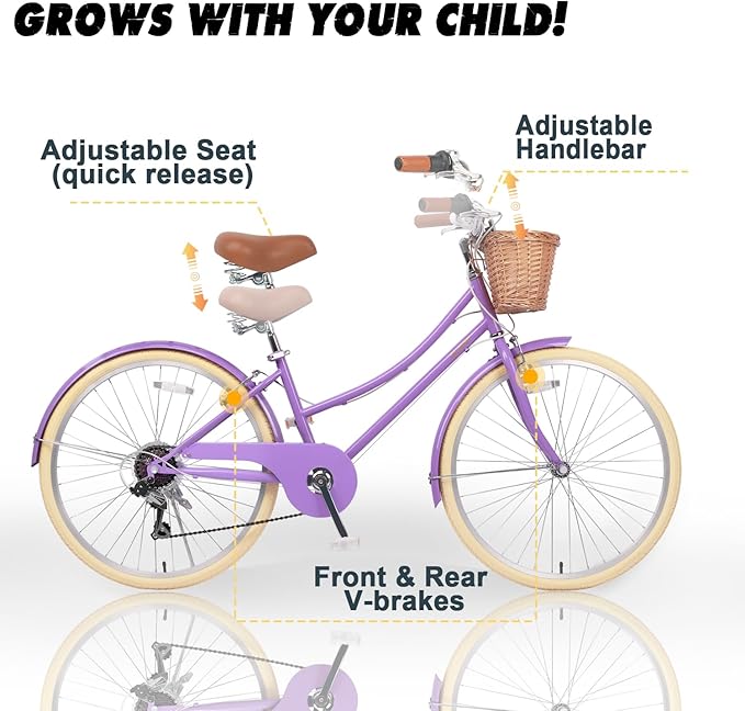 Glerc 20 24 26 Inch Beach Cruiser Bike, 6-Speed Hybrid City Bicycle for Girls Youth and Over 6 Years Old, Missy Bike with Wicker Basket & Lightweight, Multiple Colors