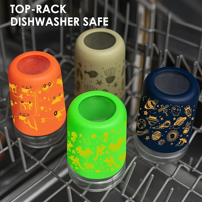 Sursip Toddler Glass Cups with Straw, Spill-Proof Kids Mason Jar Food Storage with Lids, Sippy Cups for Drinks, Smoothies, Snacks, Milk Cup [4 Pack] 8 oz 2-in-1