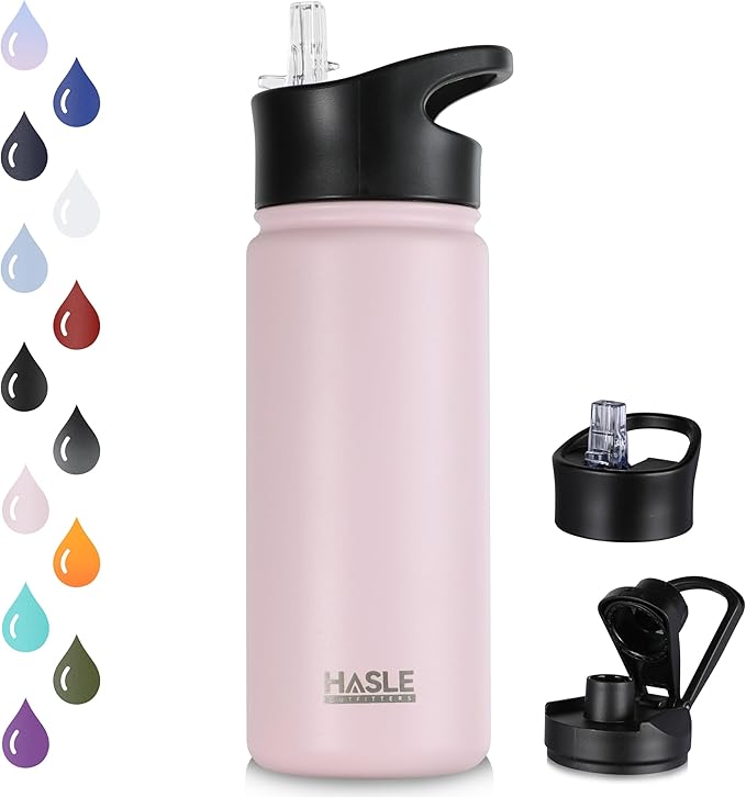 HASLE OUTFITTERS Insulated Water Bottle 16 oz Double Wall Vacuum Stainless Steel Water Bottle Leak Proof for School Wide Mouth with Straw Lid & Spout Lid Keeps Cold and Hot(Pink,1pack)