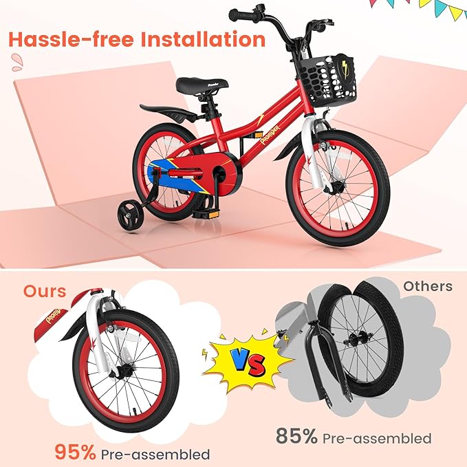 BABY JOY Kids Bike, 12 14 16 18 Inch Children Bikes for Boys Girls Age 3-8 Years w/Training Wheels, Handbrake, Coaster Brake & Removable Basket, Kids Bicycle of Multiple Colors