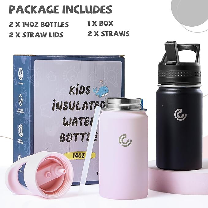 2 Pack Kids Water Bottle,14oz Stainless Steel Insulated Water Tumbler Leak-Proof,School Water Mug,Small and Portable,Suitable for Boys and Girls to Use(Black + Pink)