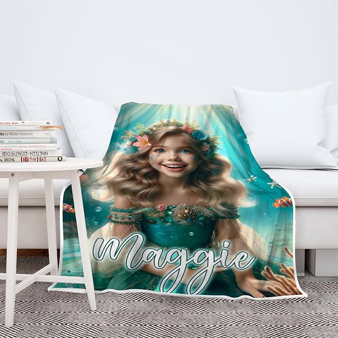 Zocoshi Custom Little Mermaid Blanket Personalized Gift for Daughter, Little Mermaid Birthday Surprise, Blanket for Her, Kids Custom Face Gifts
