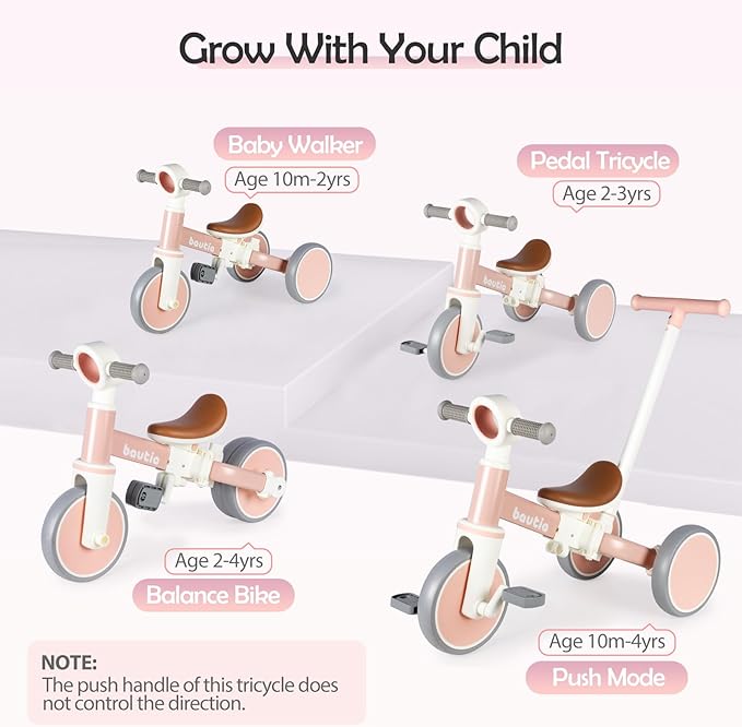 Kids Tricycle for Toddlers 1-3 with Push Handle, 5 in 1 Baby Balance Bike Toy for 1-4 Years Old Boys Girls Gift with Removable Pedals (No Parent Steering Version)