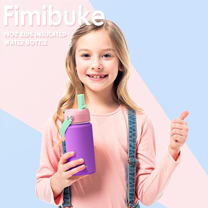 Fimibuke Kids Insulated Water Bottle, 14oz BPA FREE 18/8 Stainless Steel Travel Tumbler Double Wall Vacuum Leak Proof Kids Cup with Straw Metal Water Bottle for School Boys Girls(1 Pack, Amethyst)