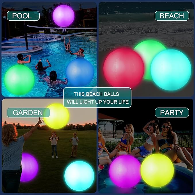 Pool Toys, LED Beach Ball, Glow in Dark Party Supplies, 4 Pack Inflatable Light up Ballon 12'' Floating Pool Light with Remote 16 Color 4 Mode