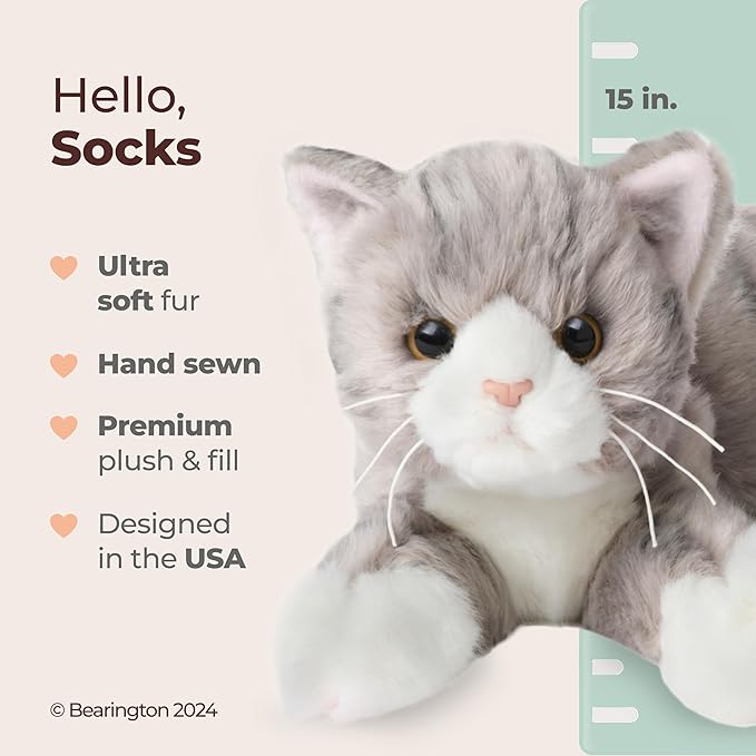 Bearington Collection Socks Plush Cat 15-in - Realistic Stuffed Cat - Grey Plush Toy