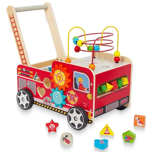 Wooden Baby Walker with Bead Maze for 1 Year Old and up, Wood Push Toy for 12 Month, Toddle Cart with Blocks