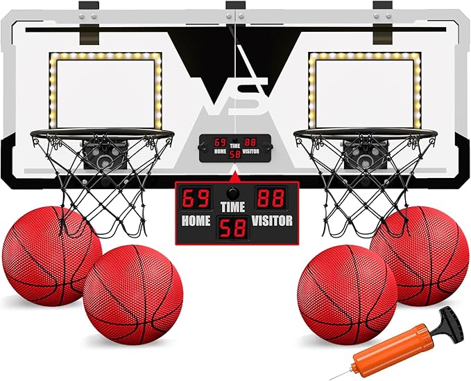 2 Player Basketball Game, Dual Shot Over The Door Mini Basketball Hoop Indoor with Scoreboard & LED, Basketball Toy Gifts for Kids Boys Girls Adults, Suit for Bedroom/Office/Outdoor/Pool, Black