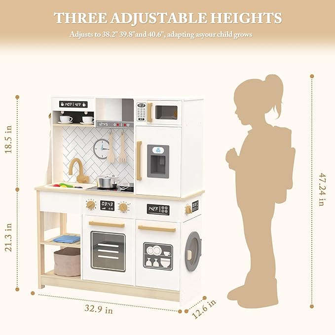 Freniland Wooden Play Kitchen, Kids Kitchen Playset with Real Light & Sound, Realistic Ice Maker,Stove Oven Chef Pretend Toy Kitchen Include 31 Accessories, Gift for Child Ages 3+ Toy Furniture