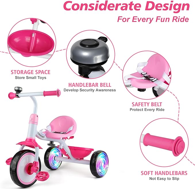 Liberry 2 in 1 Toddler Tricycle Age 2 3 4 Years Old, Kids Trike with Light Up Wheels, Adjustable Push Handle, 3 Wheel Bike Outdoor Indoor Riding Toy Gift for Girls Boys, Pink