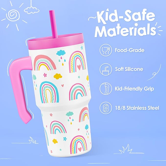 Rainbow Tumbler 20oz with Handle and Silicone Straw Lid for Kid, Insulated Stainless Steel Cup, Gift for Kids Girls, Gifts Idea for Birthday Christmas Back to School