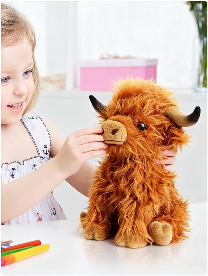 Highland Cow Fluffy Stuffed Animal, 10" Adorable Realistic Plush Toy Soft Cute Cow Plushie Home Decor Gift for Boys Girls Kids Teens Adults, Brown