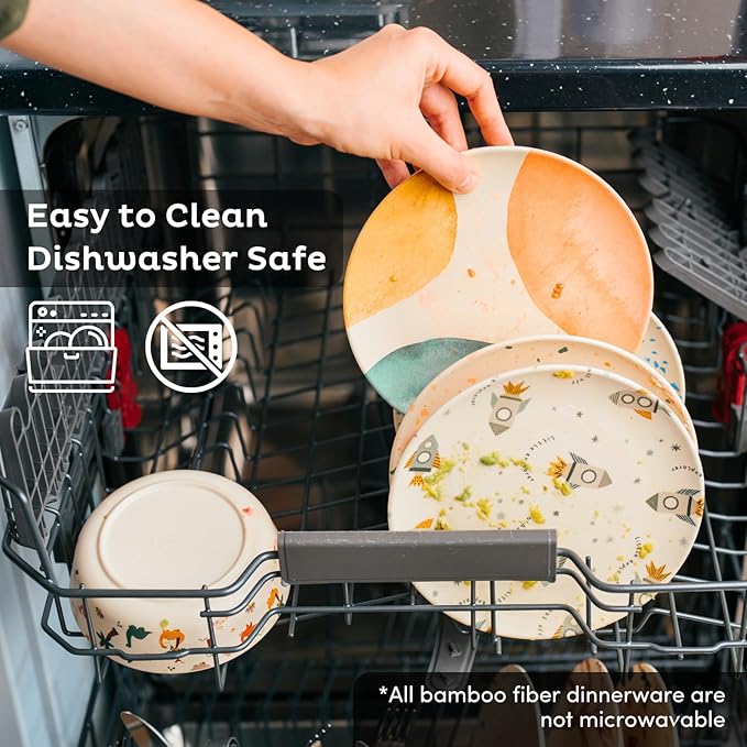 Nook Theory 4 Pack Reusable Bamboo Plates - Non-Toxic Toddler and Kids Plate, Dishwasher Safe, Not Microwavable Dinnerware (Celebration 8")