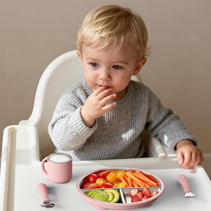 Stainless Steel Suction Plates for Toddlers, 8" Divided Kids Baby Plates with Removable Silicone Suction, Non Toxic Non Slip Portion Control Snack Dishes 3 Packs, Pink Beige Lilac