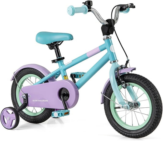 BABY JOY Colorful Macarons Kids Bike, 12 14 16 18 Inch Sporty Children's Bicycle with Training Wheels, Adjustable Handlebar & Saddle, Handbrake & Coaster Brake, Boys Girls Bike for 3-8 Years Old