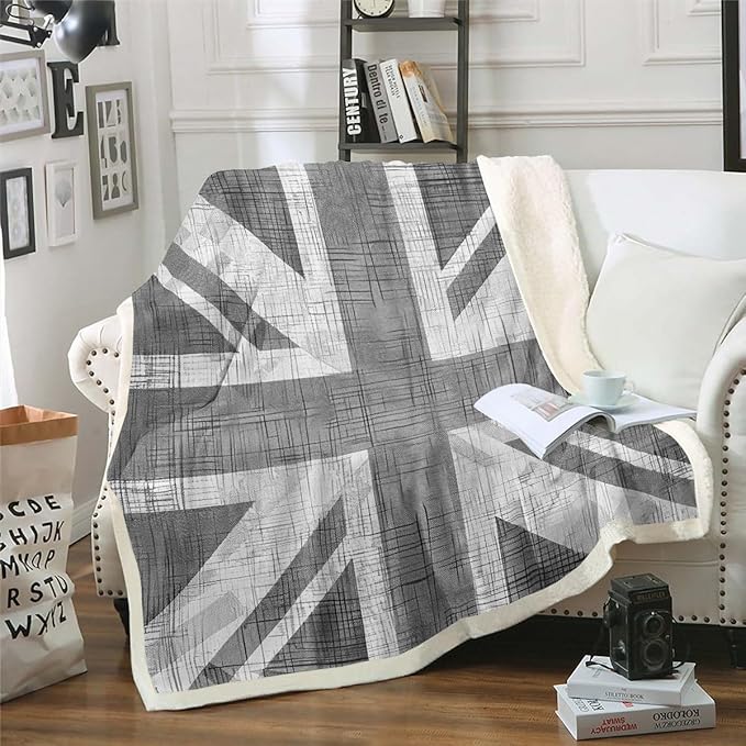 United Kingdom Flag Sherpa Blanket - Union Jack Plush Grey UK Fleece Throw for Kids Adults - Geometric Fuzzy Soft Room Decor for Sofa Bed Couch - Queen 90x90 Inch