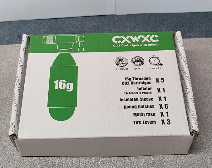 CO2 Inflator Kit with 5 X 16g CO2 Threaded Cartridges- Presta & Schrader Valve Compatible -Portable CO2 Bike Tire Pump Come with Glueles Repair Kit for Road & Mountain Bike