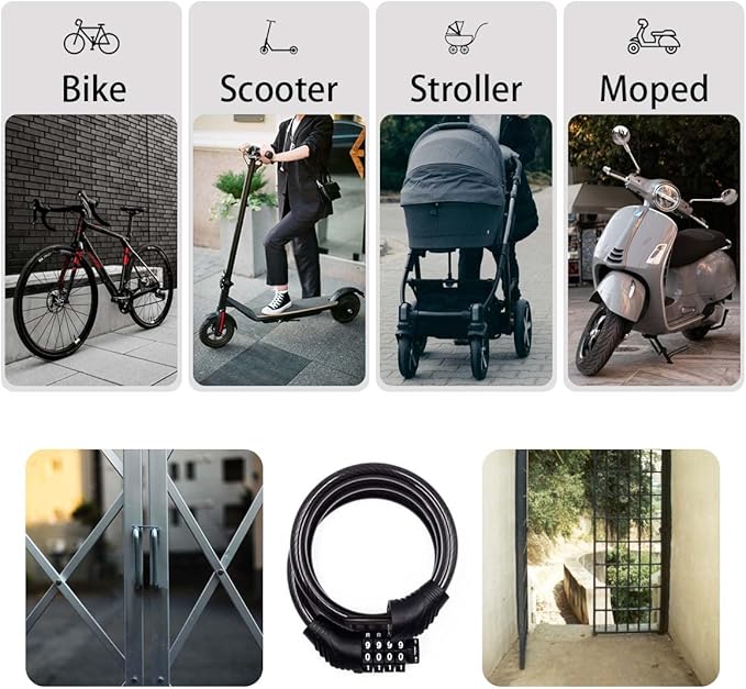 4 Digit 3 Feet Long Bike Lock Cable Combination, Resettable Anti Theft Bicycle Lock for Electric Scooter