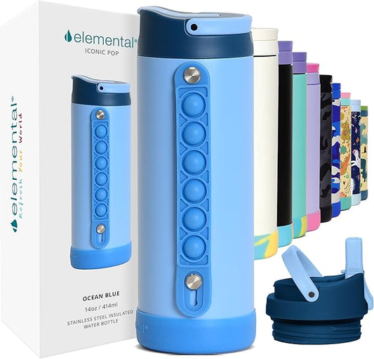 Elemental Iconic Kids Water Bottle for School - 100% Leak-Proof Insulated Water Bottles with Straw Lid & Pop-It Handle for Boys & Girls - Triple-Wall Insulated & BPA-Free, 14oz – Ocean Blue