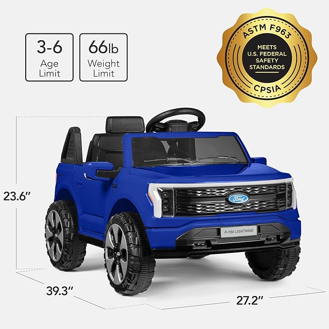 Best Choice Products Licensed Ford F-150 Lightning Truck Kids 12V Electric Ride On Car Toy w/ 66lb Weight Capacity, Parent Control, Bluetooth - Blue