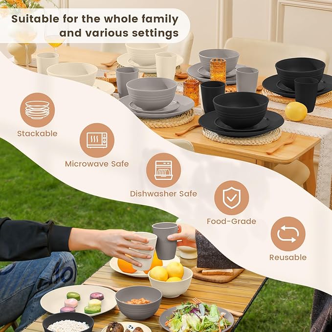 Homienly Wheat Straw Plates and Bowls Set, Lightweight & Unbreakable Dinnerware Set for Kitchen, Parties, Holidays, Microwave and Dishwasher Safe Dish Set - Plate Sets, Bowls, Cups, 24pcs (Grey Stone)