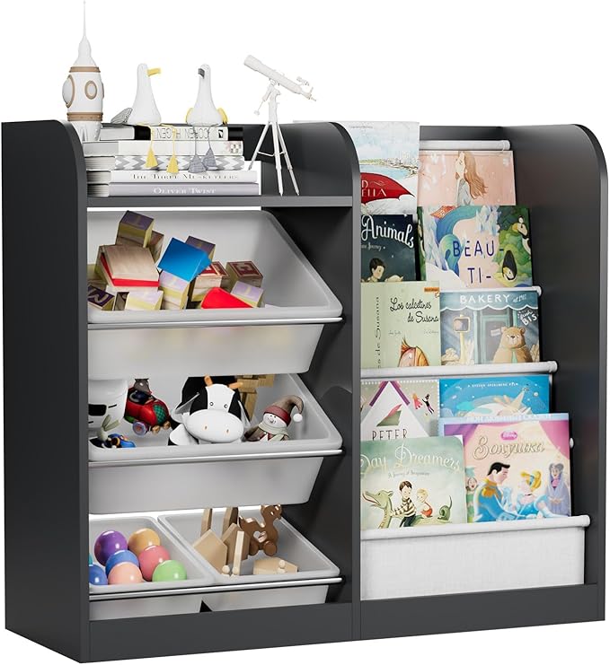 Black Kids Wood Bookshelf Toy Storage Box Organizer Shelf W/4 Removable Plastic Toy Bins Children Bookcase Toddler Baby Sling Book Rack Cabinet Chest Girl Boy Gift Playroom Classroom Bedroom Nursery