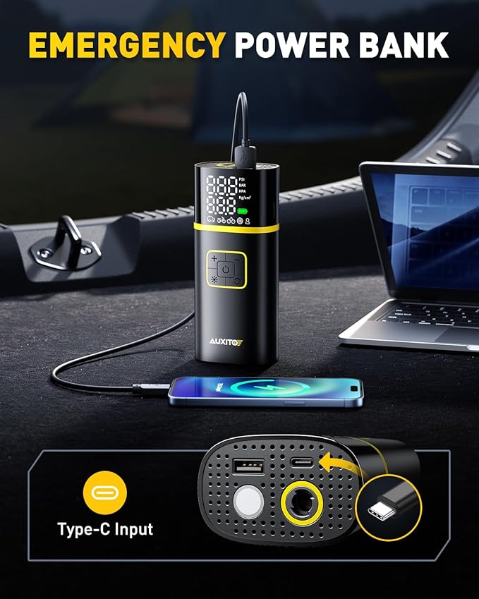 AUXITO Tire Inflator Portable Air Compressor - 150PSI Bike Pump 1Min Fast Inflate with Tire Pressure Gauge, LED Light & Car Accessories, Air Pump for Auto, Moto, Bike, Ball, Car Gifts for Men