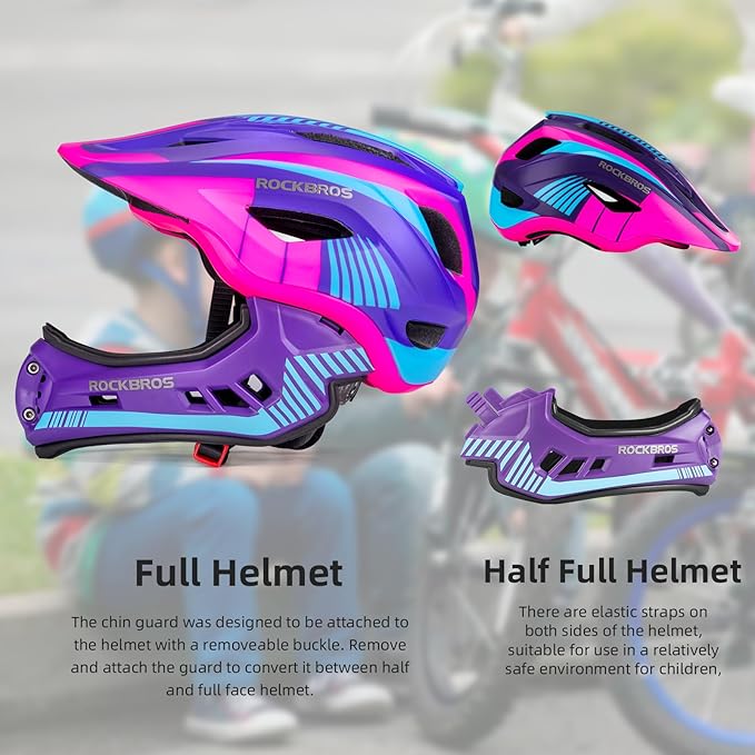 ROCKBROS Kids Full Face Helmet Kids Bike Helmets Lightweight Toddler Mountain Bike Helmet Detachable for MTB BMX Skating Cycling Scooter Safety Bicycle Helmets for Youth Child Boys Girls Ages 3-16