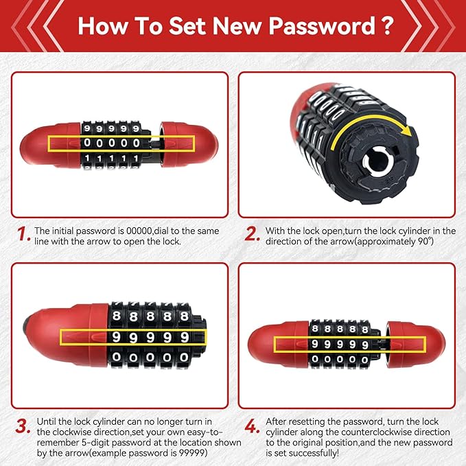 5 Digit Combination Bike Cable Lock, Lightweight Bicycle Lock Anti Theft Resettable Combination Portable Bicycle Cable Locks for Bike, 15inch, Red