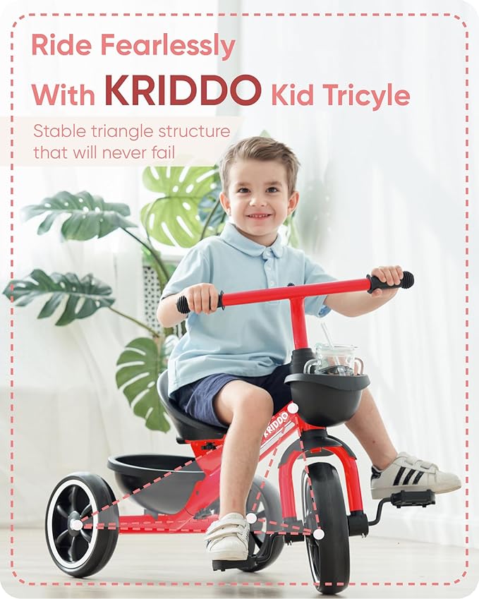 KRIDDO Kids Tricycles Age 24 Month to 4 Years, Trike for 2.5 to 5 Year Old, Gift Tricycles for 2-4 Year Olds, Trikes for Toddlers, Red