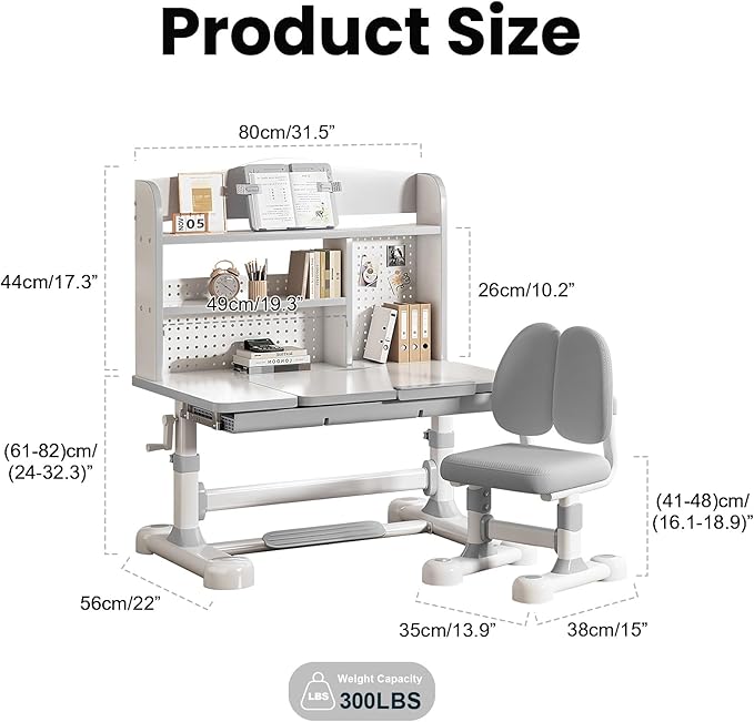 Upgraded Kid's Desk and Chair Set, Adjustable Children's Study Table with Bookshelf and Storage Drawer, 50-Degree Tiltable Desktop with Chair for Bedroom (Grey 125cm)
