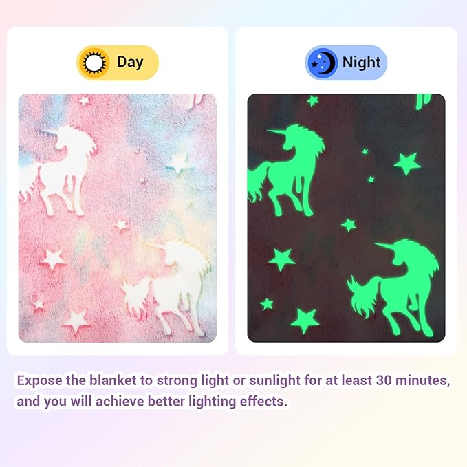 Viviland Kids Throw Blanket Glow in The Dark, Pink Unicorn Toddler Blankets for Girls, Soft Warm Lightweight Plush Throw Blanket Fleece for Sofa Chair Couch Bed Gift for Kids, 50" x 60"