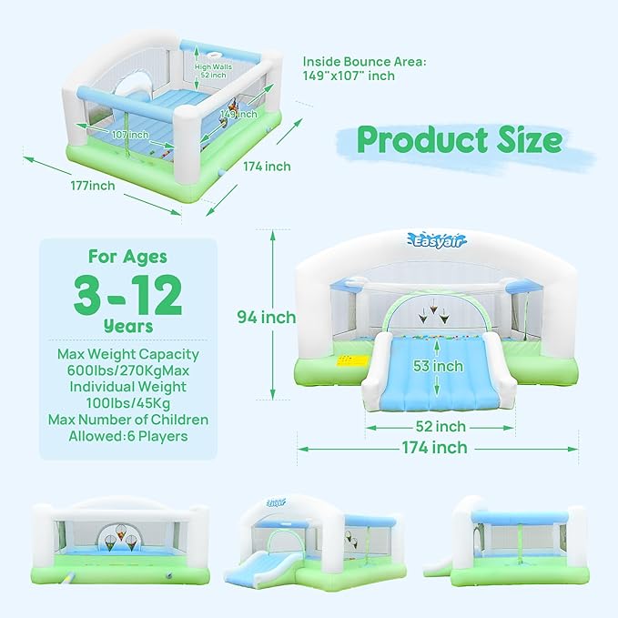 Large Bounce House for Big Kids, 14.8 x 14.5 FT Inflatable Bouncer Jumper Slide with 650W Blower, Basketball Hoop, Throw Ball Game, Ball Pits White