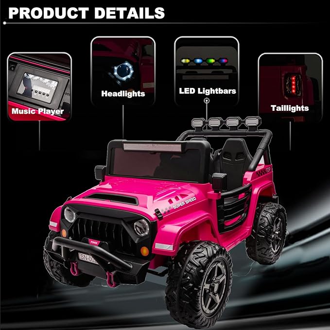 NEWQIDA 24V 2 Seater Ride on Car w/Remote Control 4wd Kids Electric Vehicles Ride on Toys Car, EVA Tires Wheels, 20" Spacious Seat, LED Lights, Music, Spring Suspension, 4x200W Motors, Hot Pink