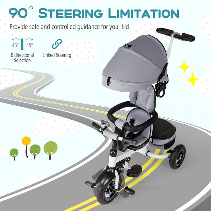 Costzon 5-in-1 Folding Kids Tricycle with Adjustable Push Handle & Canopy, Reversible Seat and Safety Harness, Push Trike with Storage for Toddler Aged 1-5 Years Old, Blue/Gray/Pink