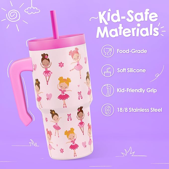 Ballerina Tumbler 20oz with Handle and Silicone Straw Lid for Kid, Insulated Stainless Steel Cup, Gift for Kids Girls, Gifts Idea for Birthday Christmas Back to School