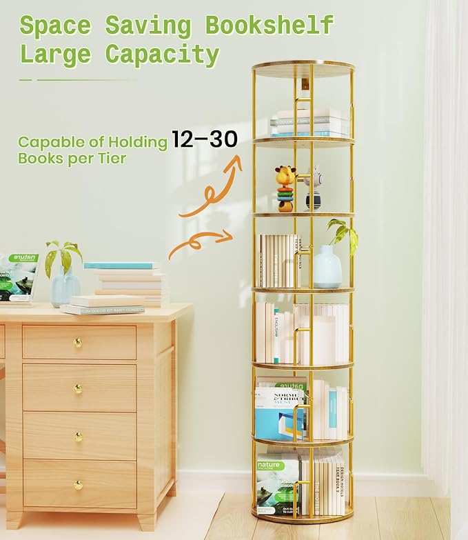6 Tier Rotating Bookshelf Tower Round,74” Tall Spinning Bookshelf Tower Anti-Tipping Design,Metal & Wood Standing Revolving Bookcase Stackable Space Saving for Small Spaces,Study,Living Room,Bedroom