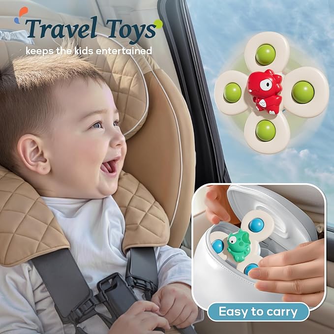 Baby Dinosaur Suction Cup Spinner Travel Toys for Kids Ages 1-3, Fidget Spinner Toys for 1 Year Old Boy Girl 12 Months, Sensory Bath Toy for Toddlers Infants Birthday